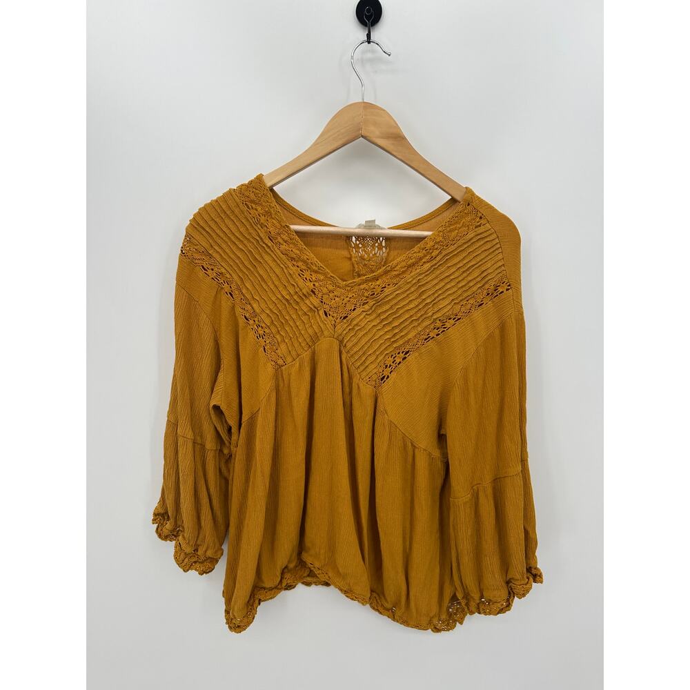 Adiva Top Women XL Mustard Yellow Boho Babydoll Casual Lagenlook Embroidered